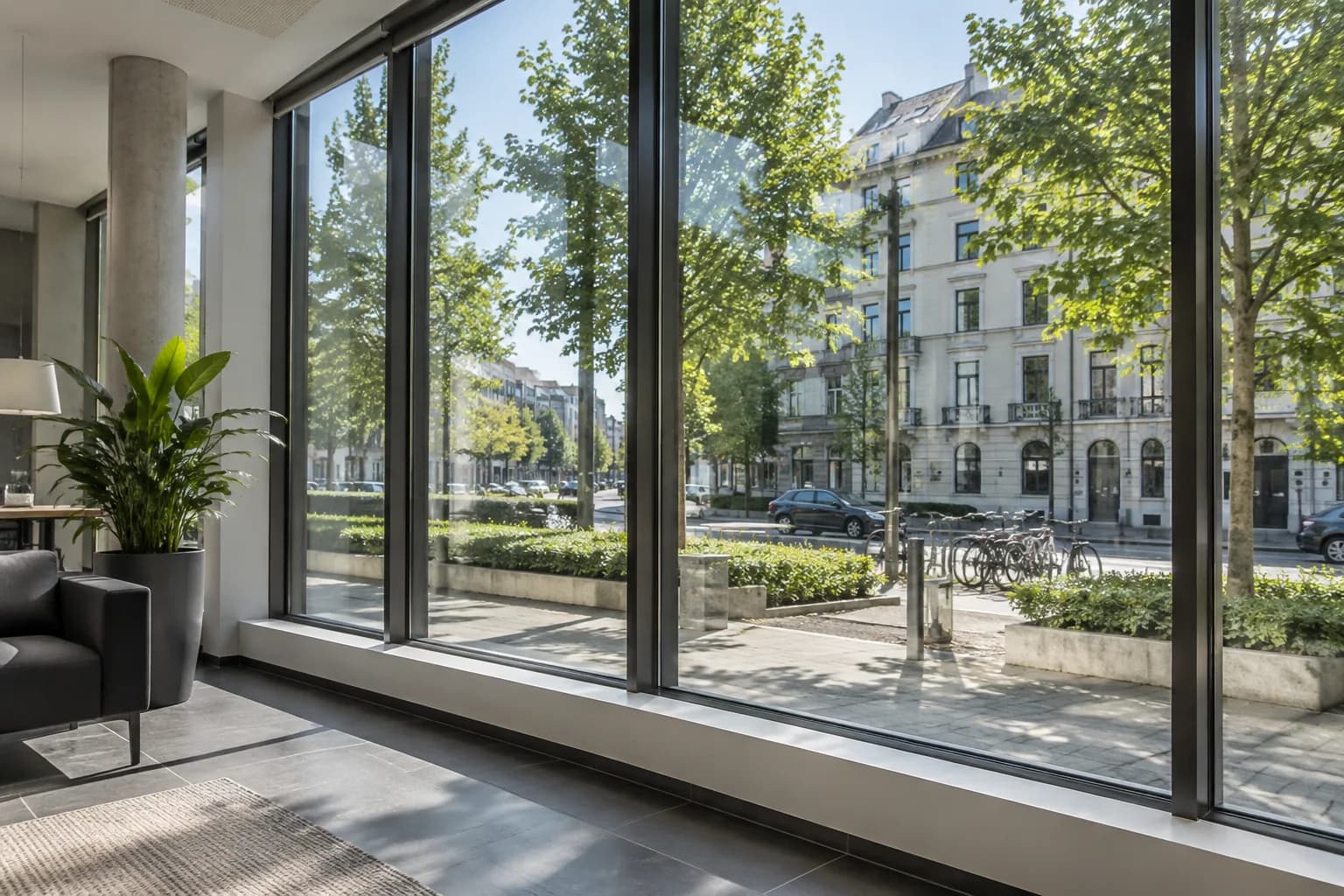 Streifenfrei gereinigte Glasfront eines Büros mit Blick auf eine Münchner Straße