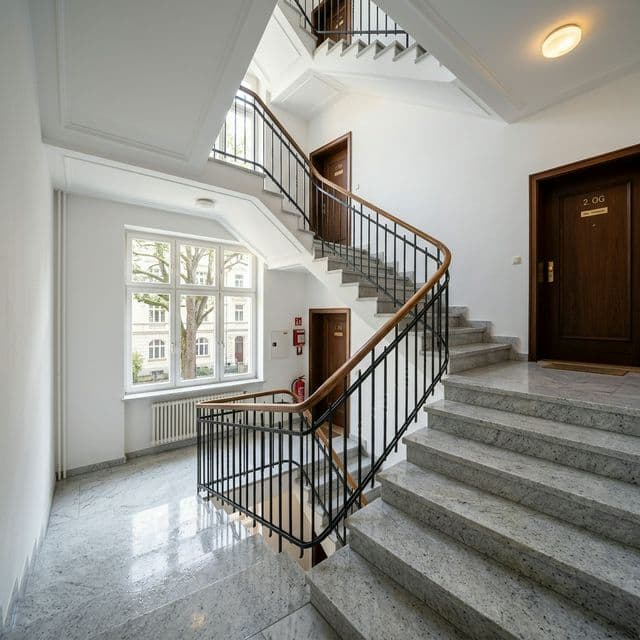 Treppenhaus mit Granitstufen und Holzhandlauf in einem Mehrfamilienhaus